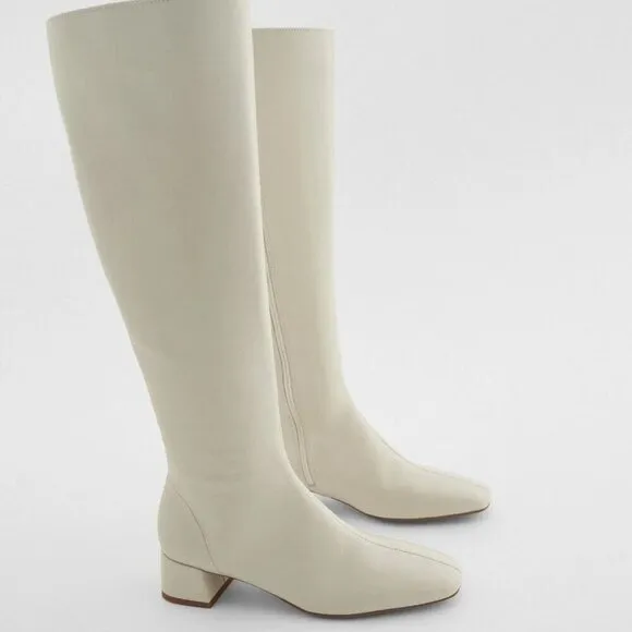 Zara Leather Knee High Boots 37 Slim Bone