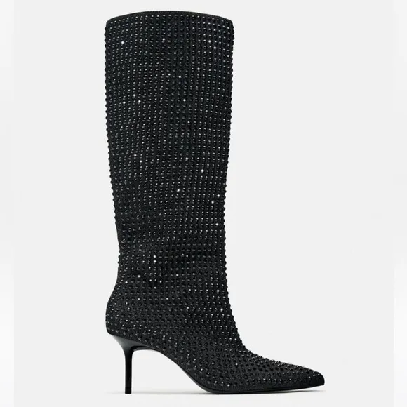 Zara NWT rhinestone knee high heeled boots
