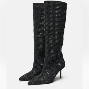 Zara NWT rhinestone knee high heeled boots
