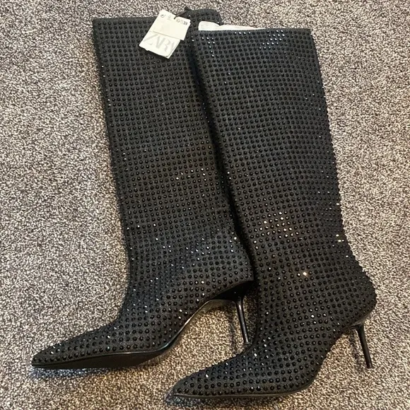 Zara NWT rhinestone knee high heeled boots