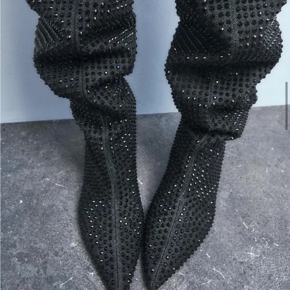 Zara NWT rhinestone knee high heeled boots