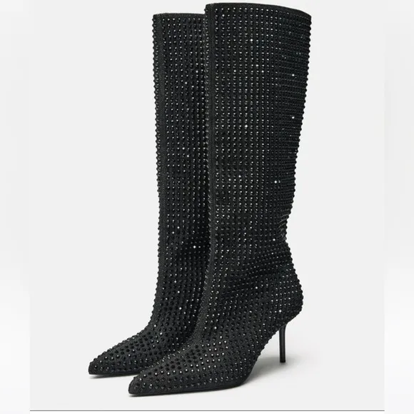 Zara NWT rhinestone knee high heeled boots