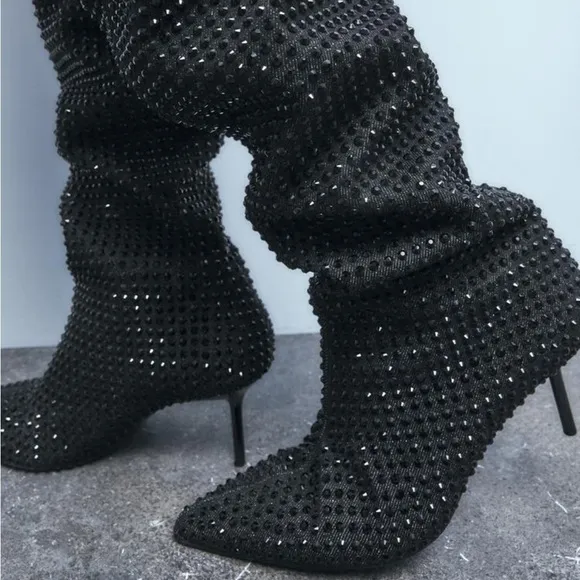 Zara NWT rhinestone knee high heeled boots