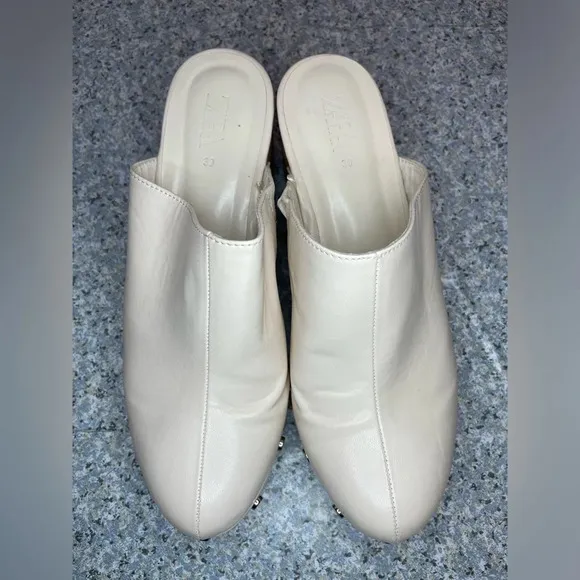 Zara Platform Studded Clogs Mules Chunky Y2K Cream Heel Sandals Shoes 39 US 8