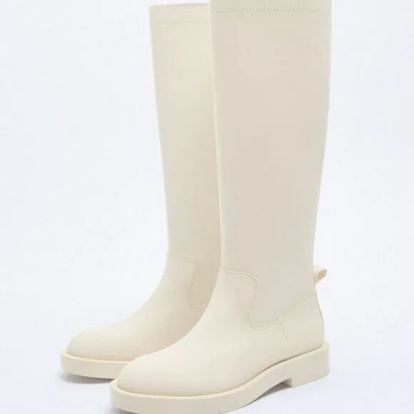 ZARA RUBBERIZED KNEE HIGH BOOTS ECRU