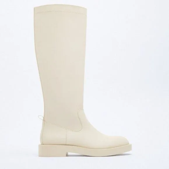 ZARA RUBBERIZED KNEE HIGH BOOTS ECRU