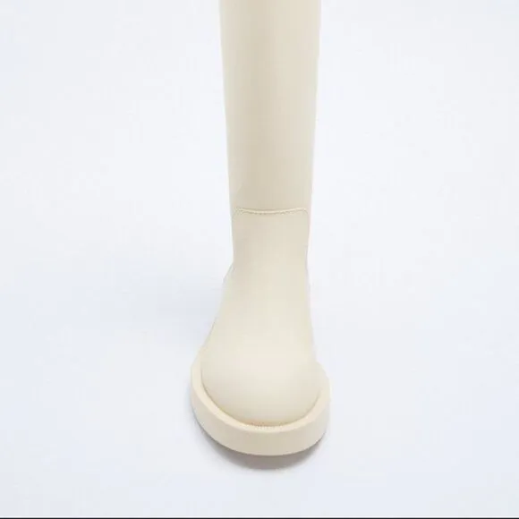 ZARA RUBBERIZED KNEE HIGH BOOTS ECRU