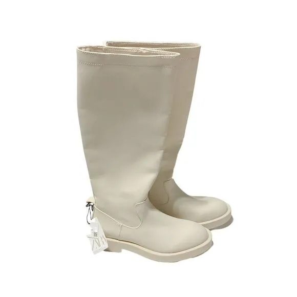 ZARA RUBBERIZED KNEE HIGH BOOTS ECRU