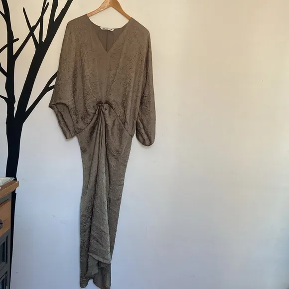 Zara ZW collection crinkle midi dress in khaki green, L