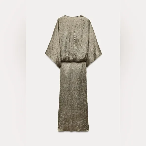 Zara ZW collection crinkle midi dress in khaki green, L