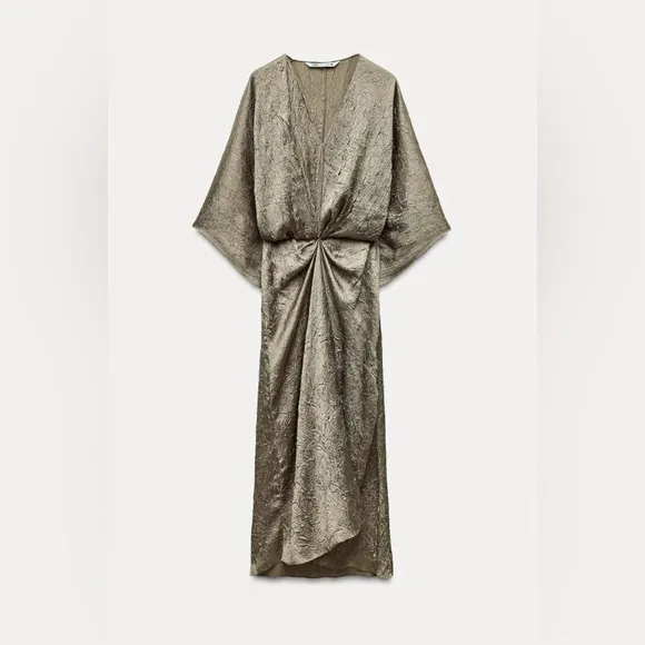 Zara ZW collection crinkle midi dress in khaki green, L